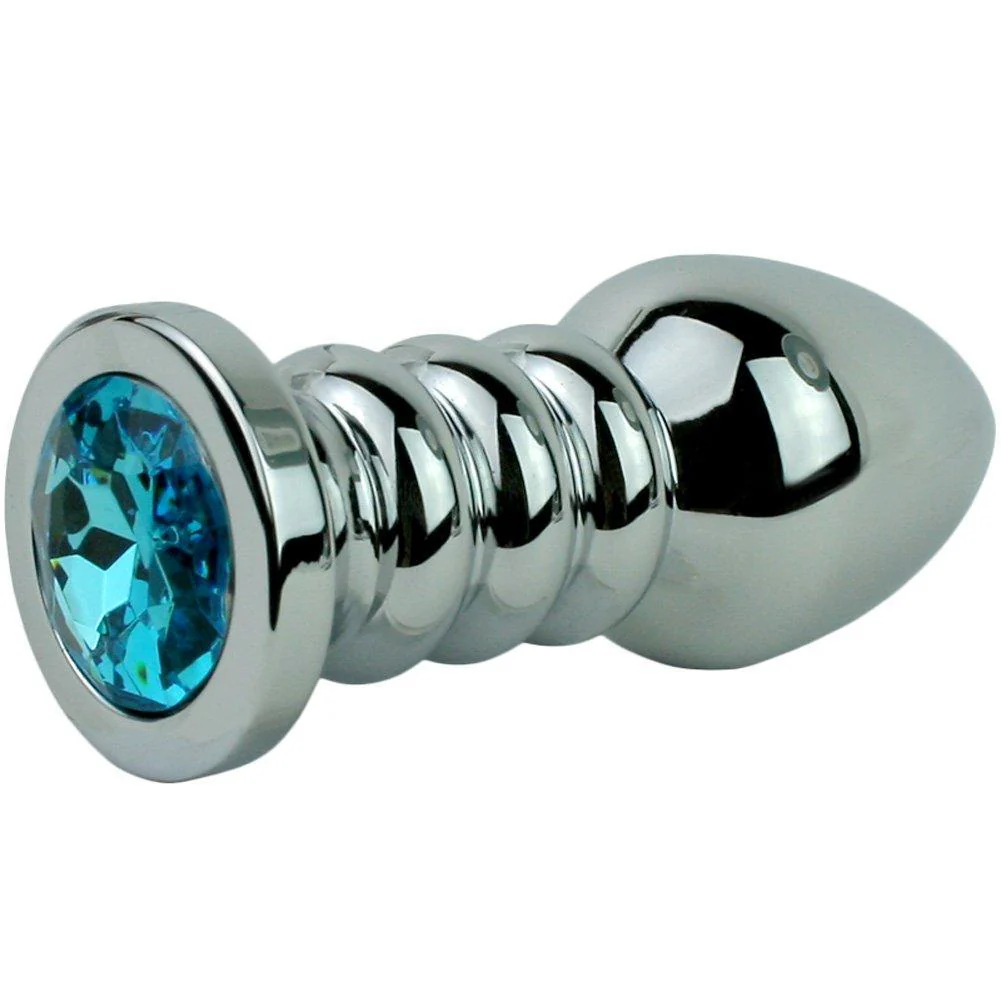 Blue Jewel Rippled Metal Booty Plug - Available in 3 Sizes! - Image 3