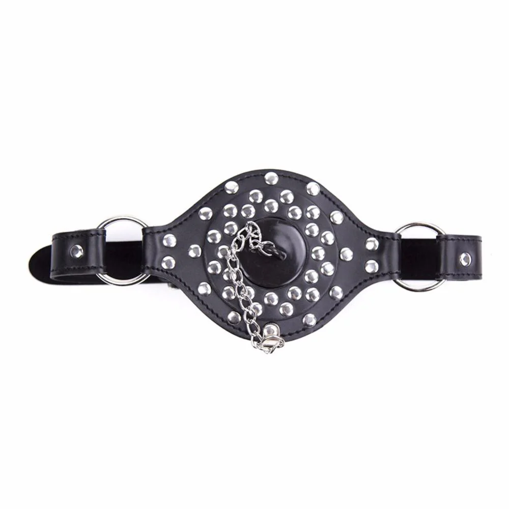 Leather Studded Open Mouth Feeding Gag - Image 2